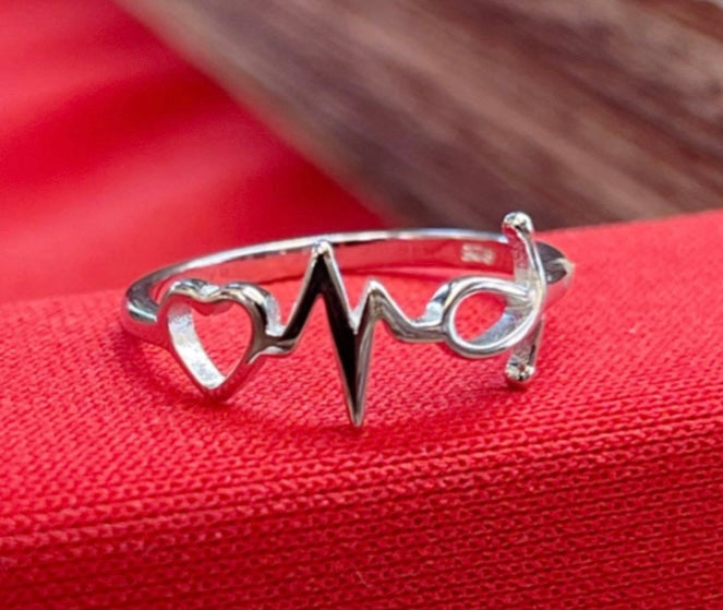 EKG Heart sterling silver ring