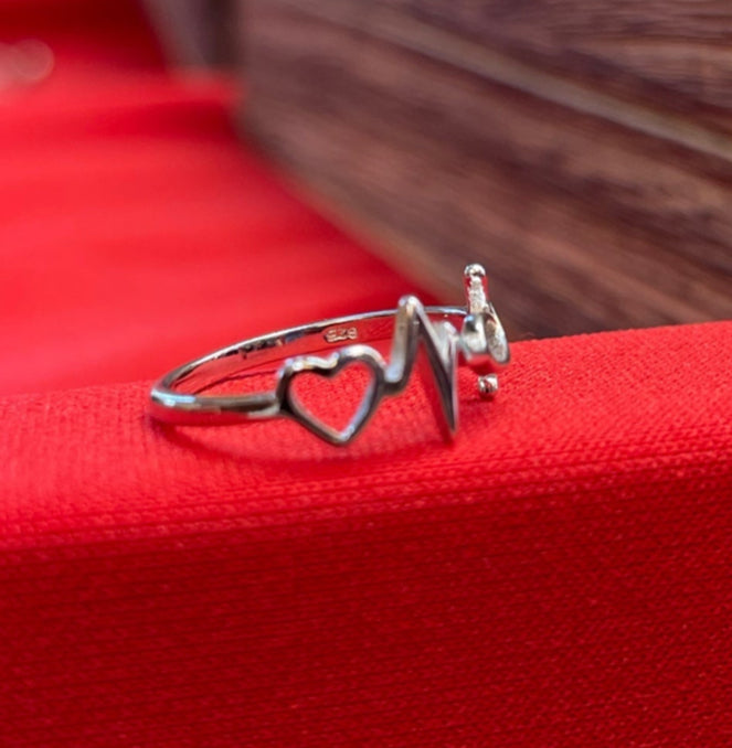 EKG Heart sterling silver ring